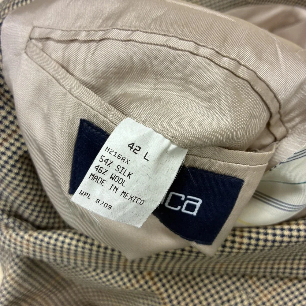 Nautica Blazer Mens 42L Brown Check Silk Wool Tweed Sport Coat Jacket Classic